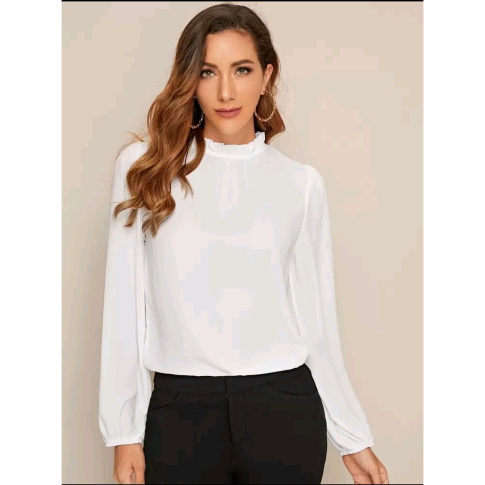 White Frilled Neck Top M NEW